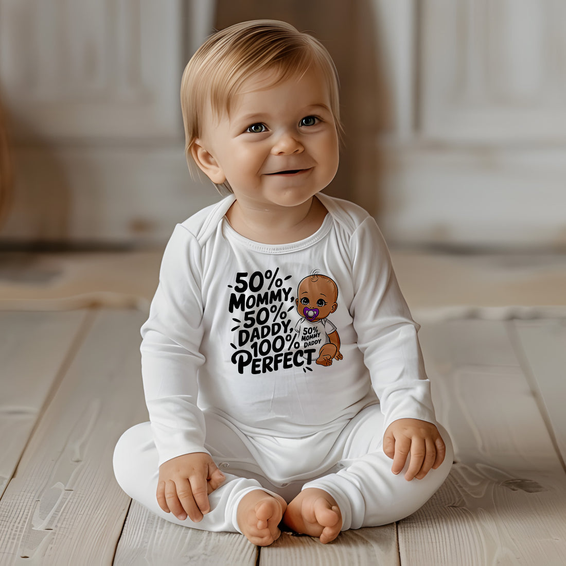 "50% mommy 50% daddy 100% perfectInfant" Long Sleeve Bodysuit