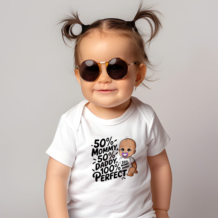 "50% mommy 50% daddy 100% perfect" Baby Organic Short Sleeve Bodysuit