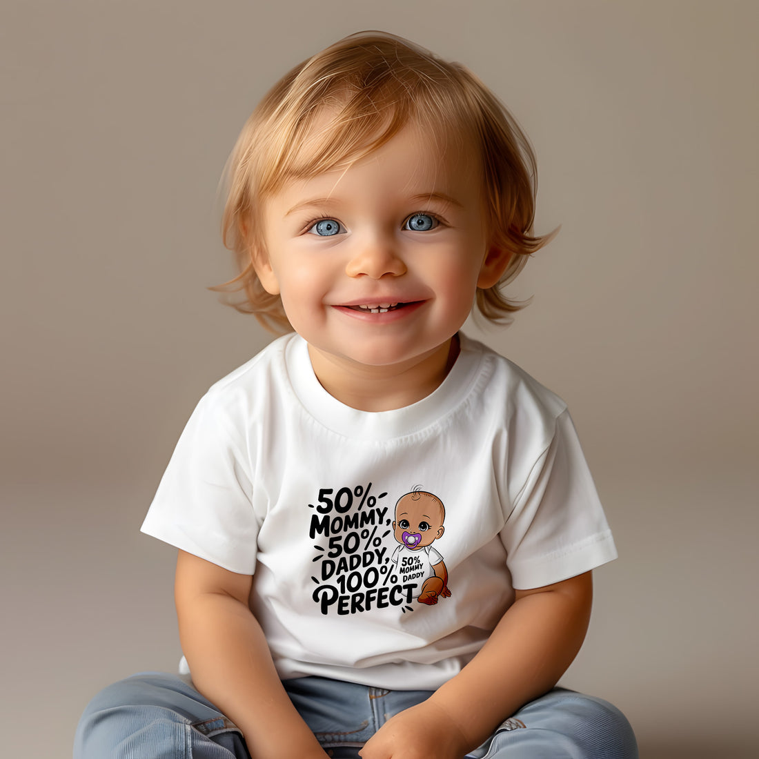 "50% mommy 50% daddy 100% perfect" Baby Short Sleeve T-Shirt