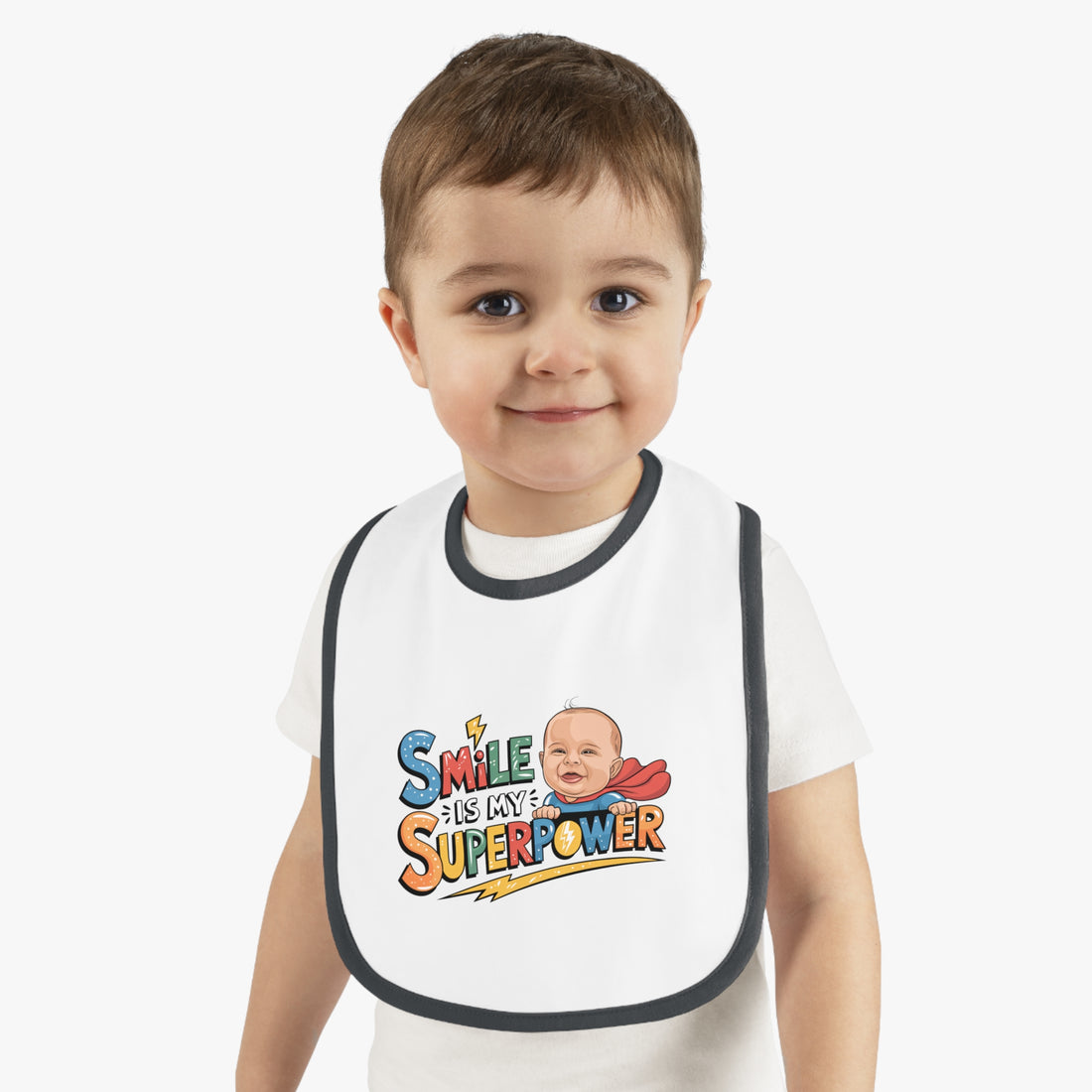 "Smile is my superpower" Baby Contrast Trim Jersey Bib