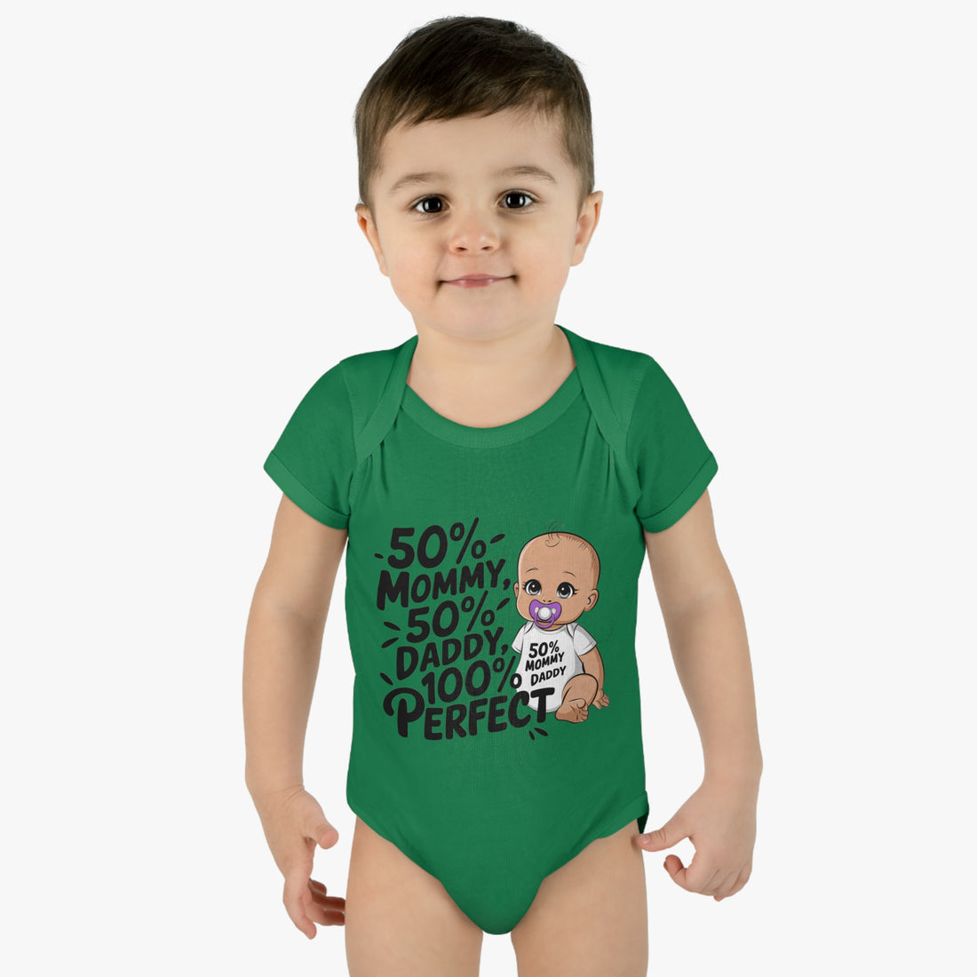 "50% mommy 50% daddy 100% perfect" Infant Baby Rib Bodysuit