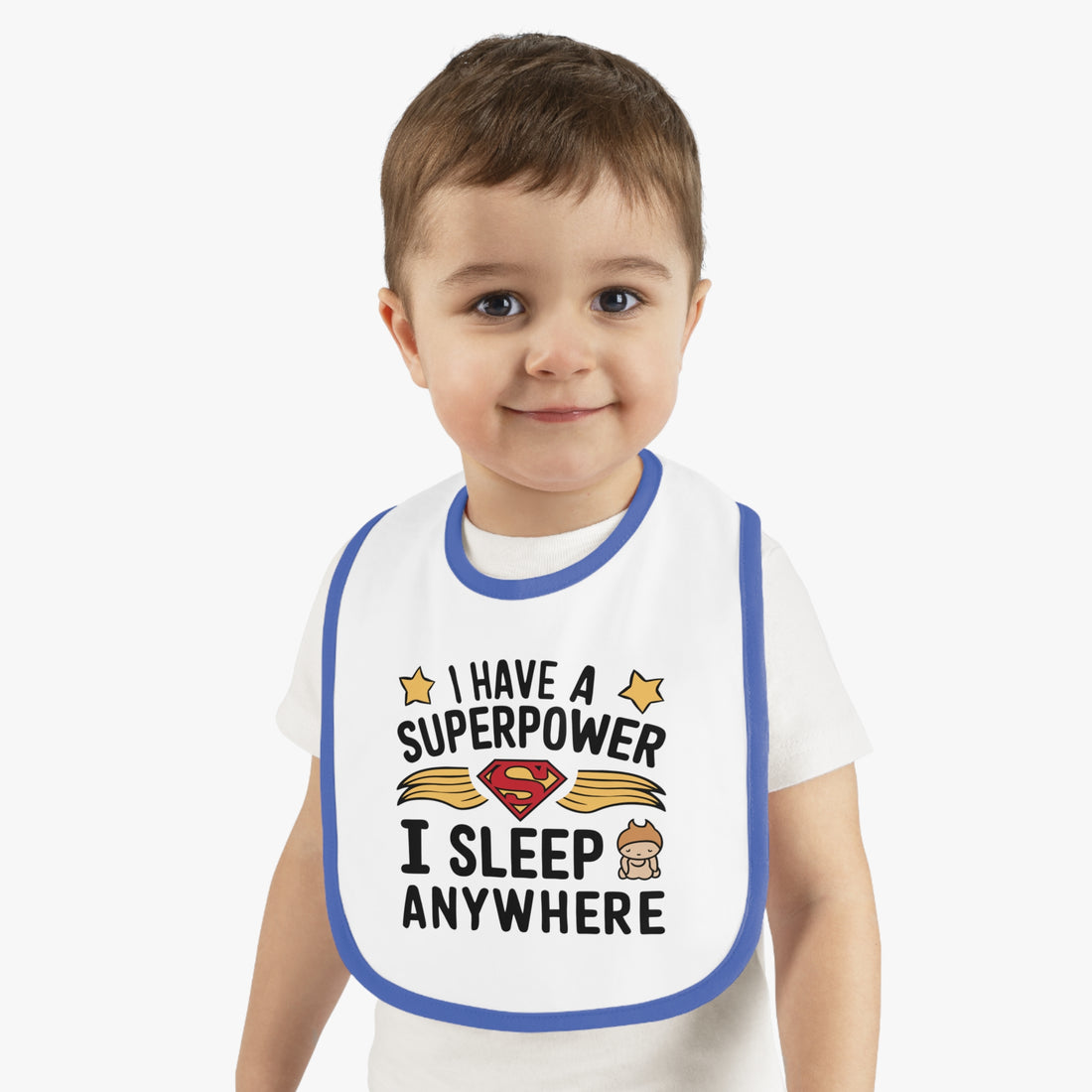 "I have superpower I sleep anywhere" Baby Contrast Trim Jersey Bib