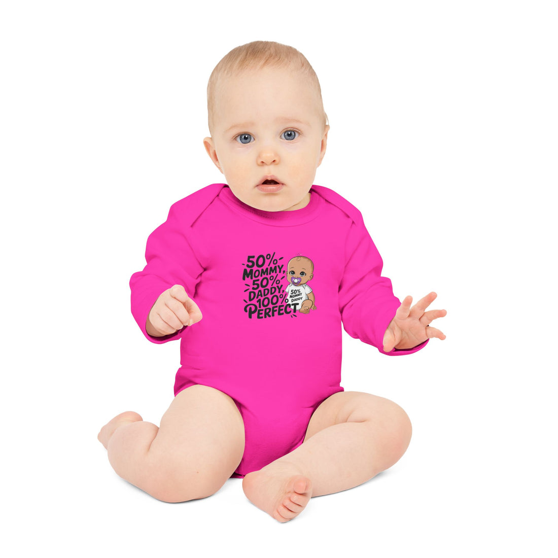 "50% mommy 50% daddy 100% perfect" Baby Long-Sleeve Organic Bodysuit