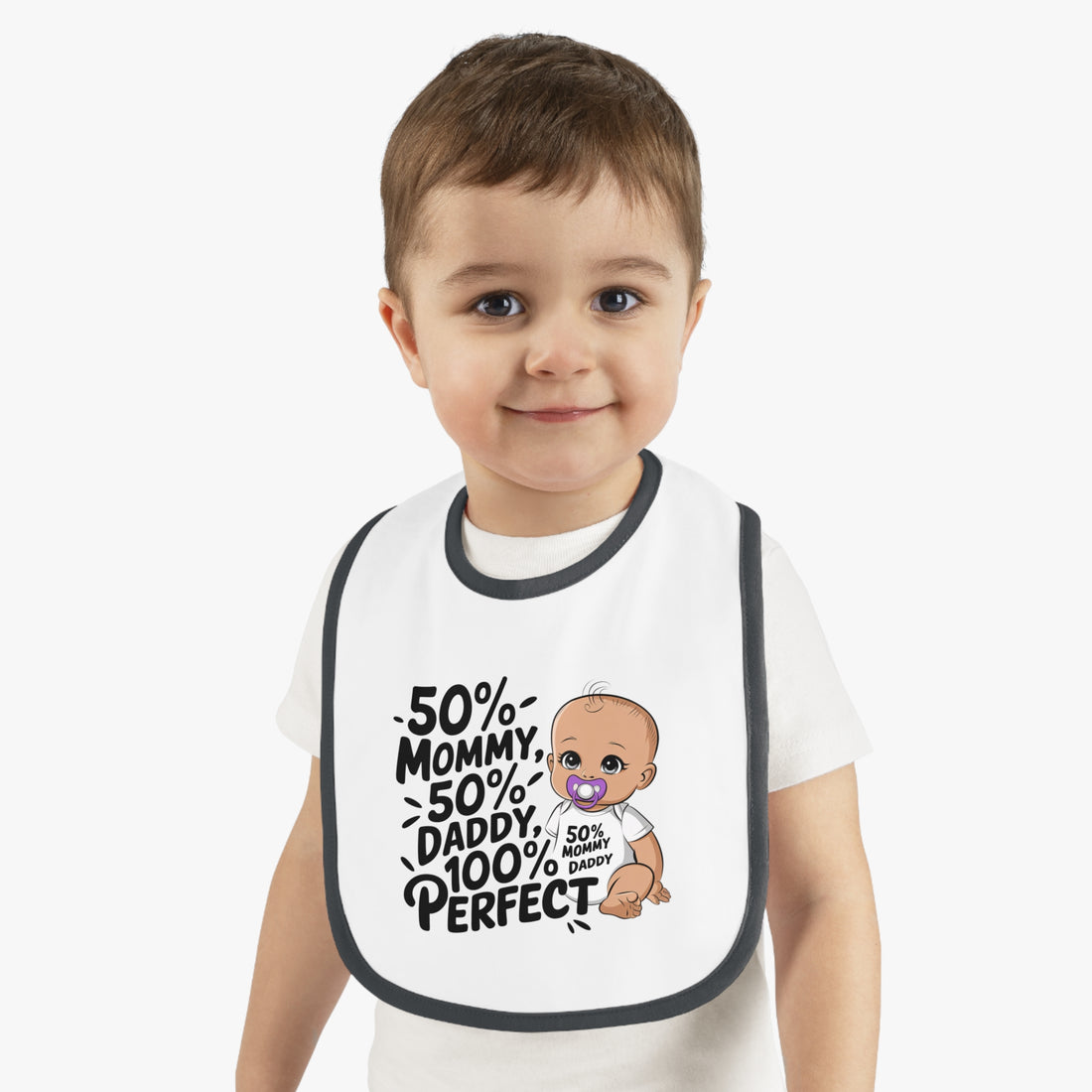 "50% mommy 50% daddy 100% perfect" Baby Contrast Trim Jersey Bib