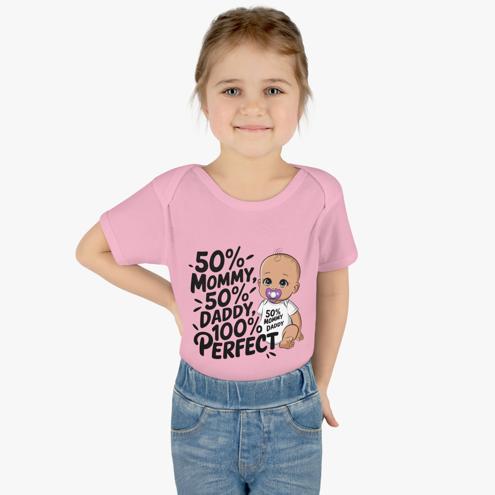"50% mommy 50% daddy 100% perfect" Infant Baby Rib Bodysuit