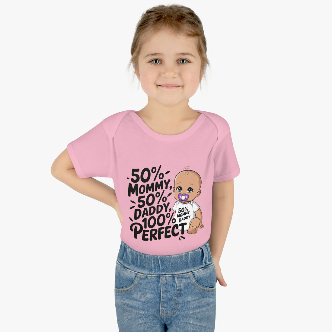 "50% mommy 50% daddy 100% perfect" Infant Baby Rib Bodysuit