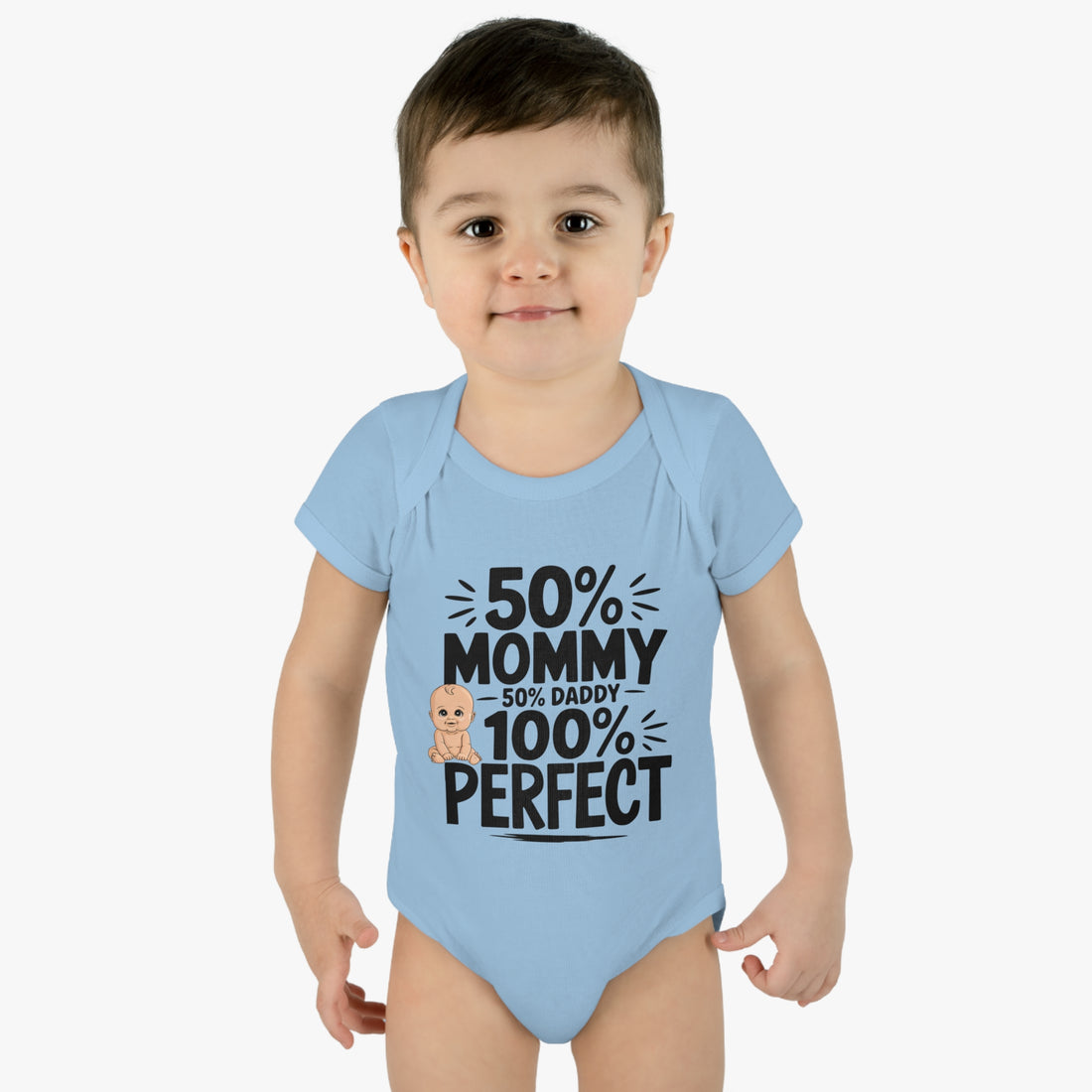 "50% mommy, 50% daddy, 100% perfect!" Infant Baby Rib Bodysuit