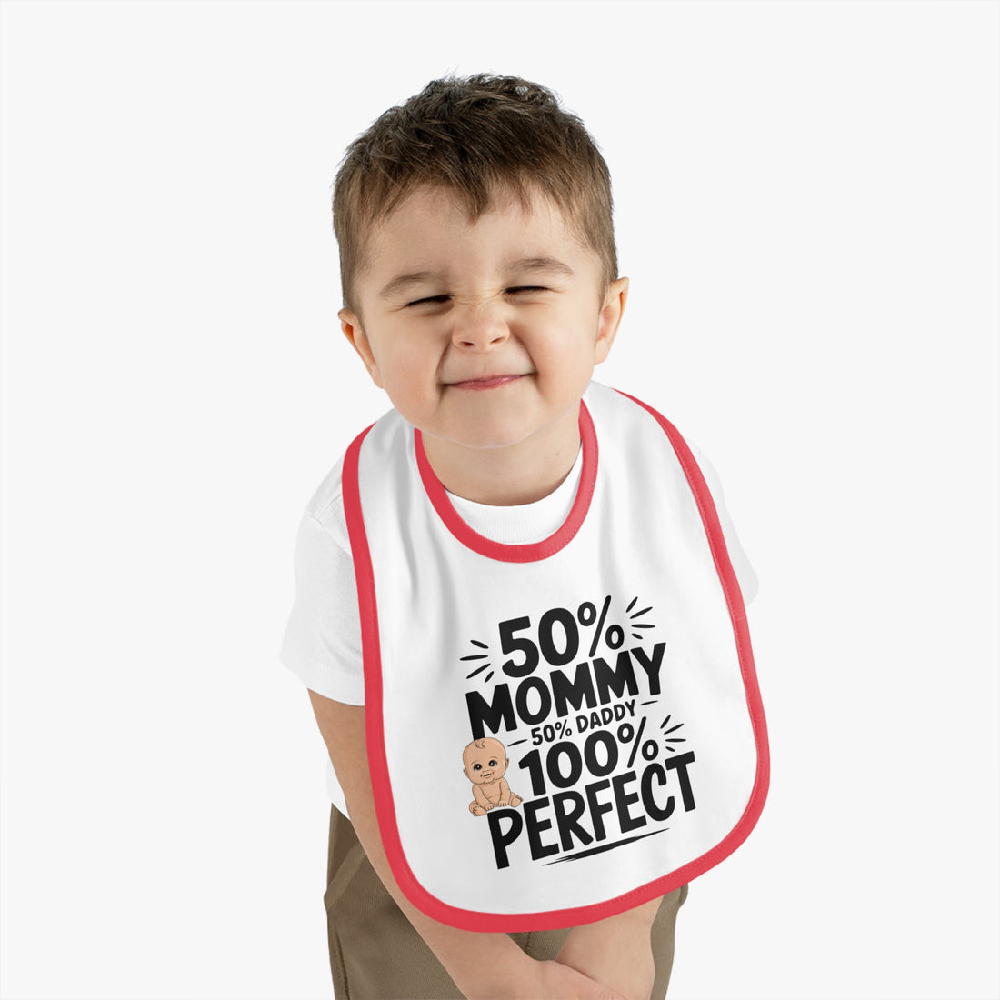 "50% mommy 50% daddy 100% perfect" Baby Contrast Trim Jersey Bib