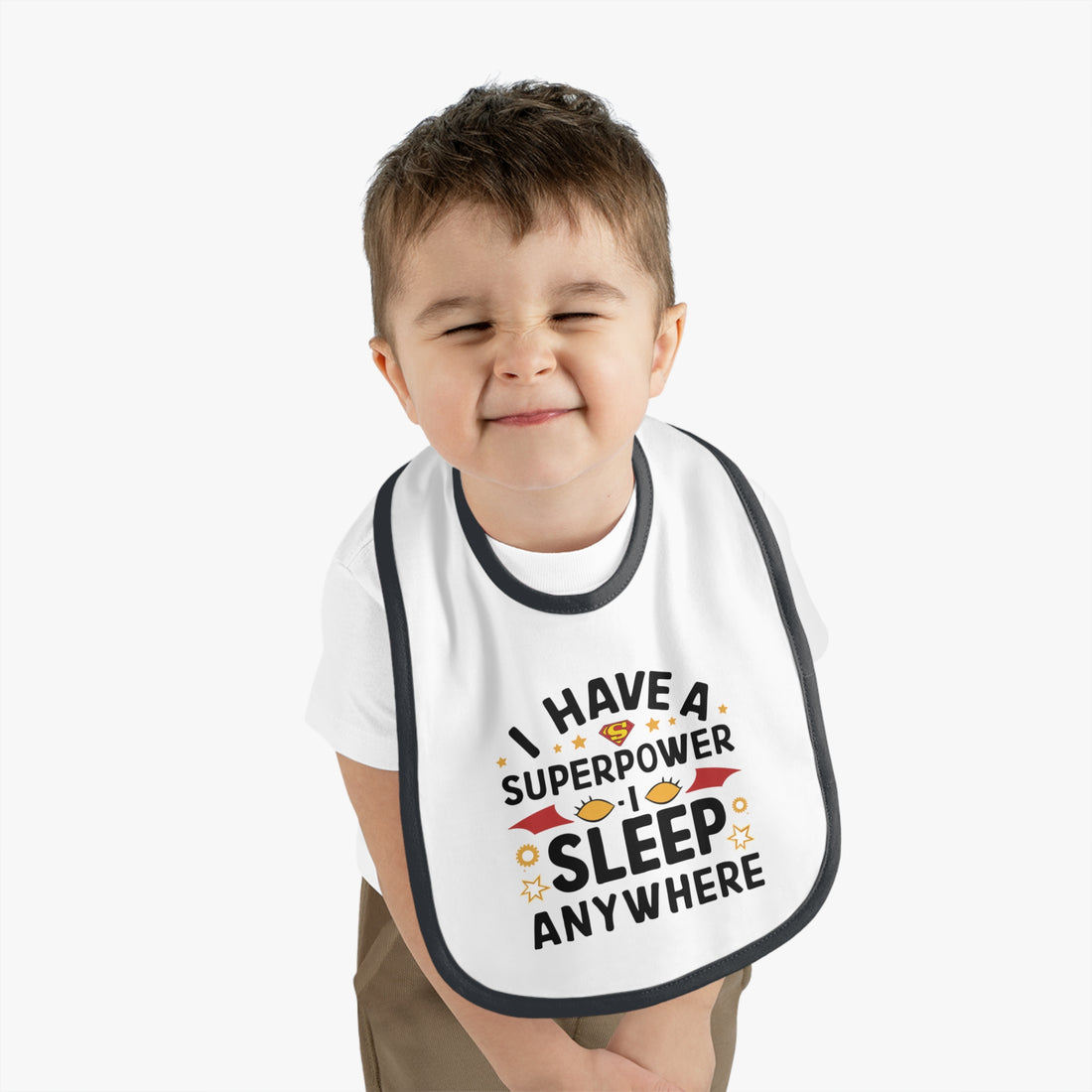 "I have a superpower I sleep anywhere" Baby Contrast Trim Jersey Bib