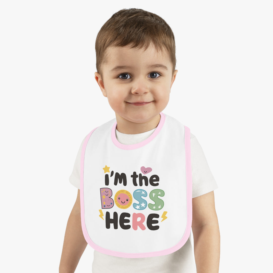 "I'm the boss here" Baby Contrast Trim Jersey Bib