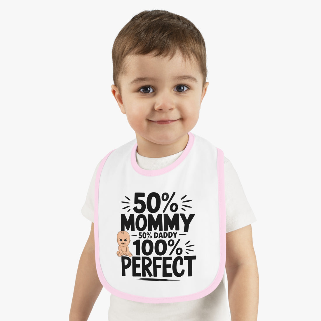 "50% mommy 50% daddy 100% perfect" Baby Contrast Trim Jersey Bib