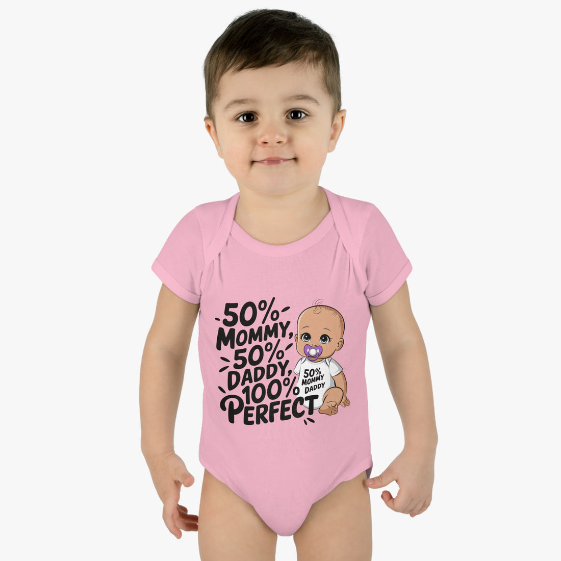 "50% mommy 50% daddy 100% perfect" Infant Baby Rib Bodysuit