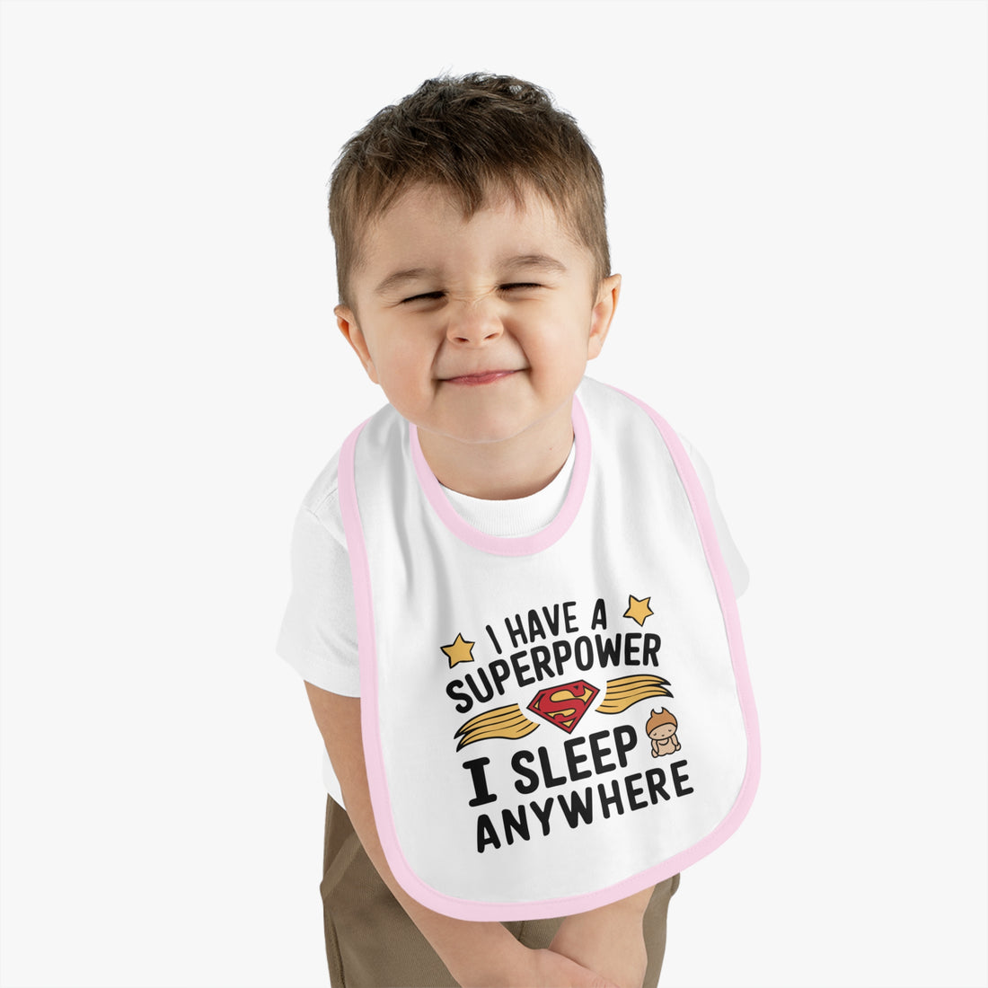 "I have superpower I sleep anywhere" Baby Contrast Trim Jersey Bib