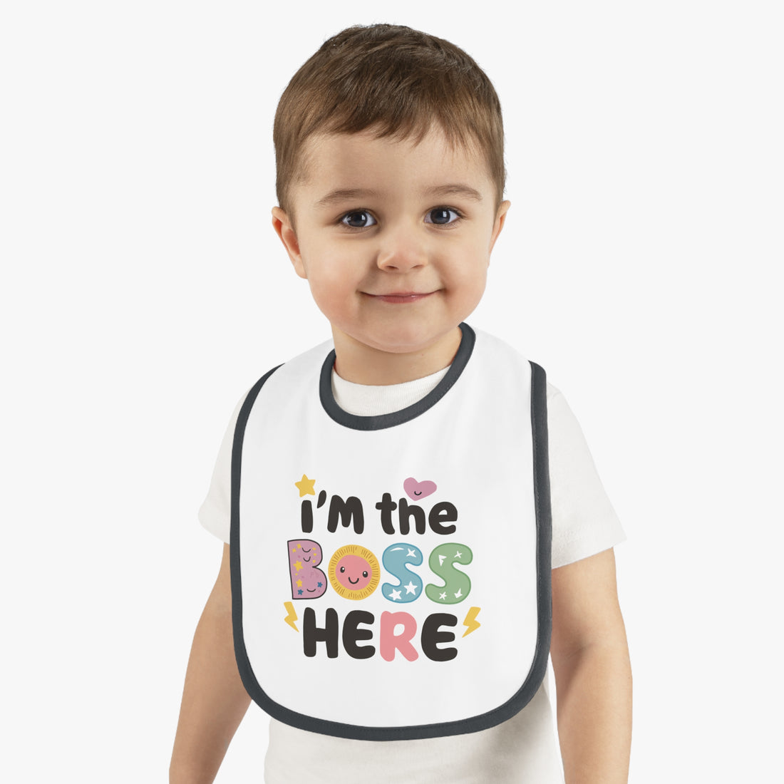 "I'm the boss here" Baby Contrast Trim Jersey Bib