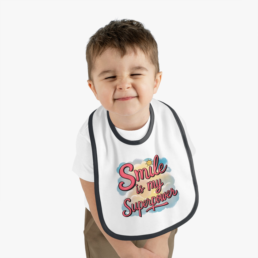 "Smile is my superpower" Baby Contrast Trim Jersey Bib