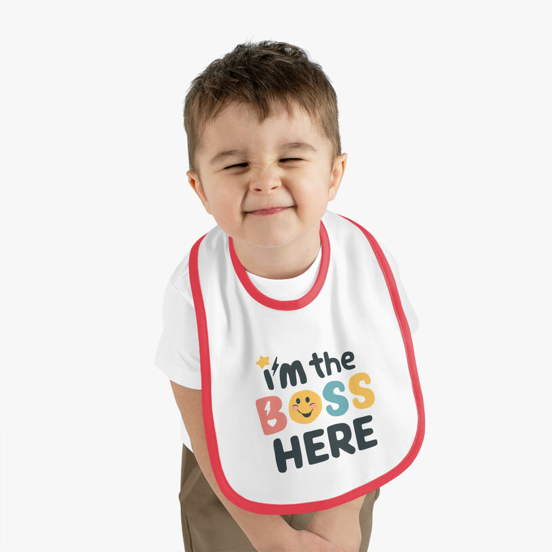 "I'm the boss here" Baby Contrast Trim Jersey Bib