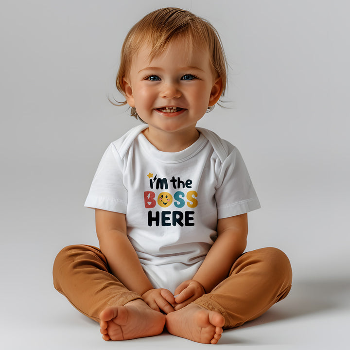 "I'm the boss here" Baby Organic Short Sleeve Bodysuit